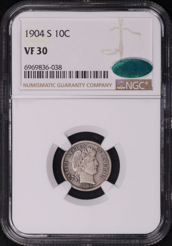 Obverse of this 1904-S Barber Dime NGC VF-30 CAC