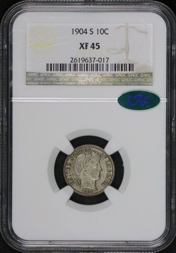 Obverse of this 1904-S Barber Dime NGC XF-45 CAC