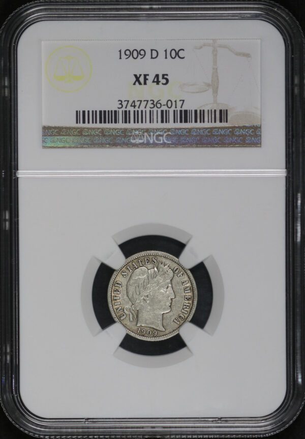 Obverse of this 1909-D Barber Dime NGC XF-45