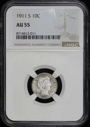 Obverse of this 1911-S Barber Dime NGC AU-55