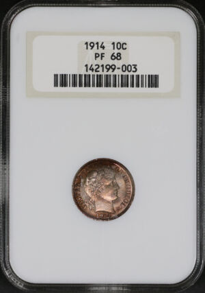 Obverse of this 1914 Barber Dime NGC PF-68 Old Fatty Holder