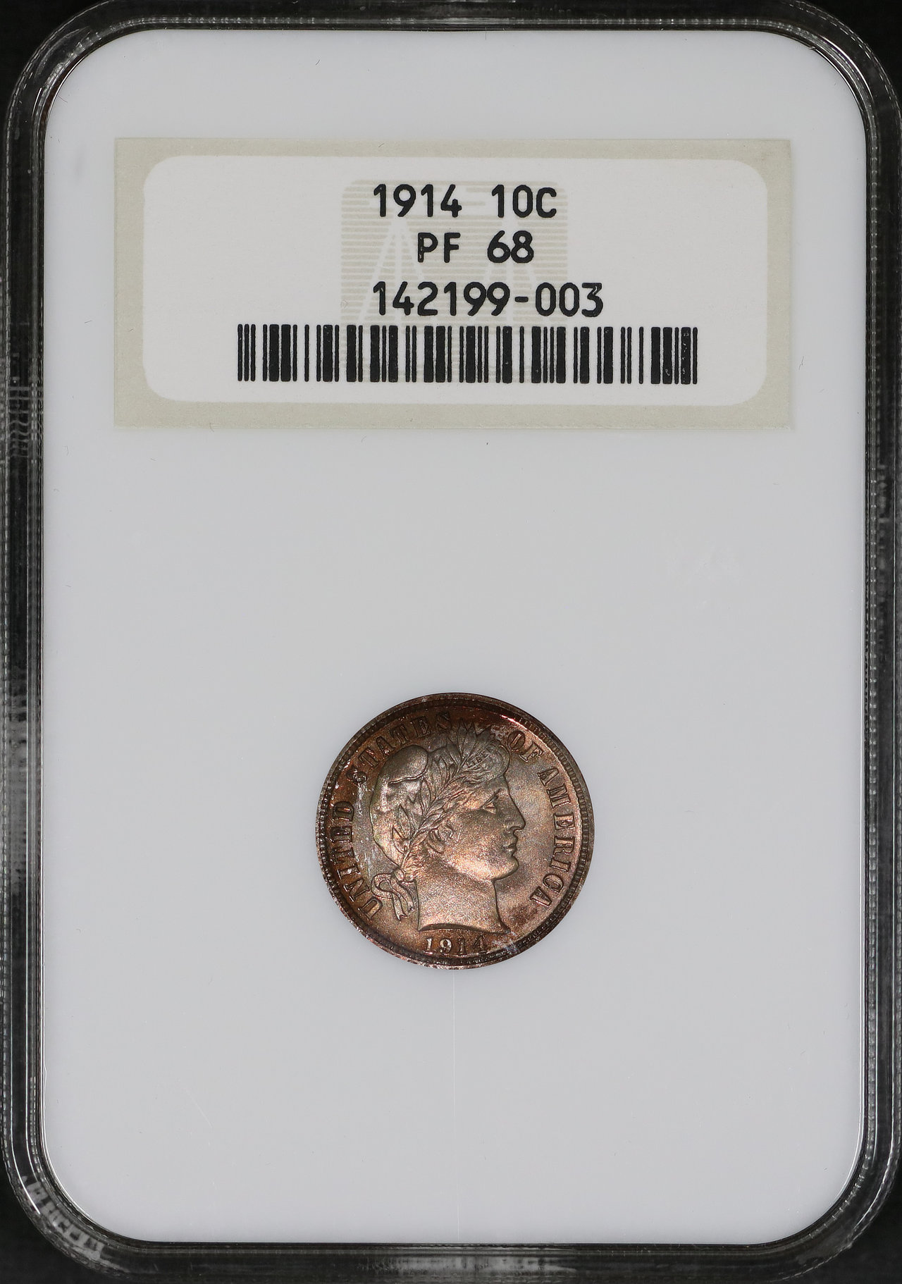 Obverse of this 1914 Barber Dime NGC PF-68 Old Fatty Holder
