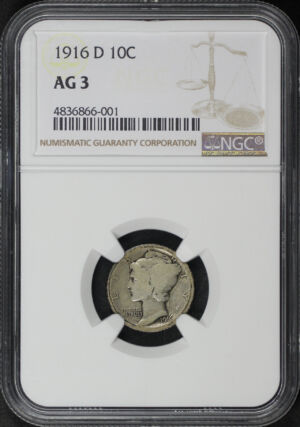 Obverse of this 1916-D Mercury Dime NGC AG-3