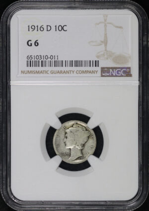 Obverse of this 1916-D Mercury Dime NGC G-6
