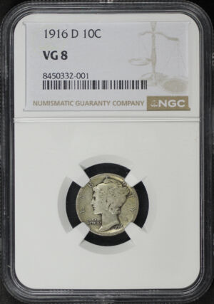 Obverse of this 1916-D Mercury Dime NGC VG-8