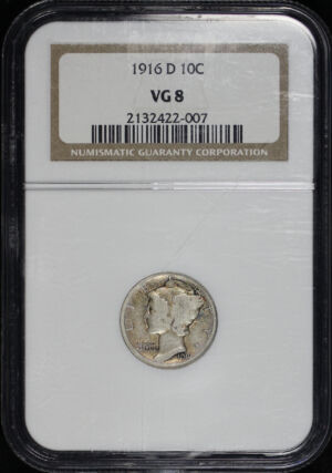 Obverse of this 1916-D Mercury Dime NGC VG-8