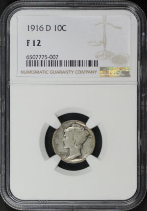 Obverse of this 1916-D Mercury Dime NGC F-12