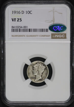 Obverse of this 1916-D Mercury Dime NGC VF-25 CAC