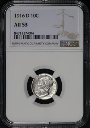 Obverse of this 1916-D Mercury Dime NGC AU-53