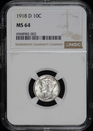 Obverse of this 1918-D Mercury Dime NGC MS-64