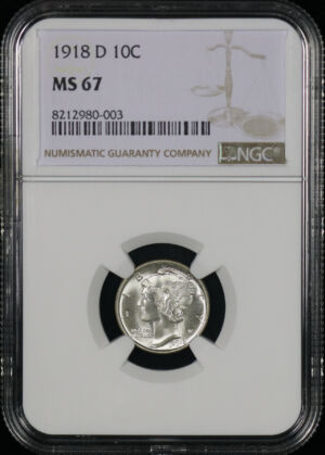 Obverse of this 1918-D Mercury Dime NGC MS-67