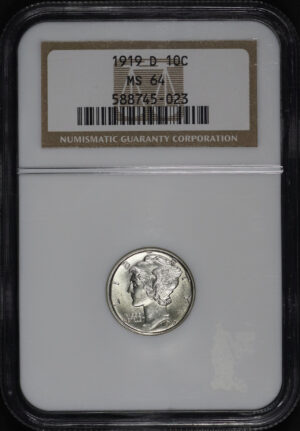 Obverse of this 1919-D Mercury Dime NGC MS-64