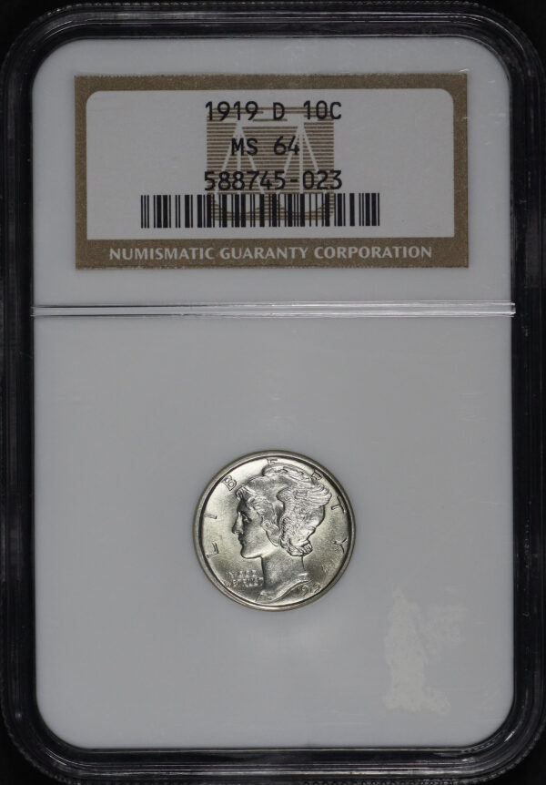 Obverse of this 1919-D Mercury Dime NGC MS-64