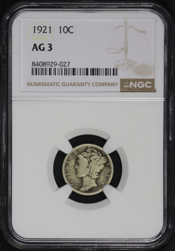 Obverse of this 1921 Mercury Dime NGC AG-3