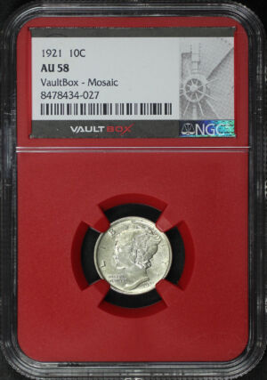 Obverse of this 1921 Mercury Dime NGC AU-58 VaultBox – Mosaic