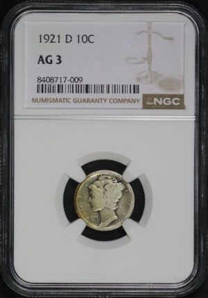 Obverse of this 1921-D Mercury Dime NGC AG-3
