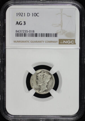 Obverse of this 1921-D Mercury Dime NGC AG-3