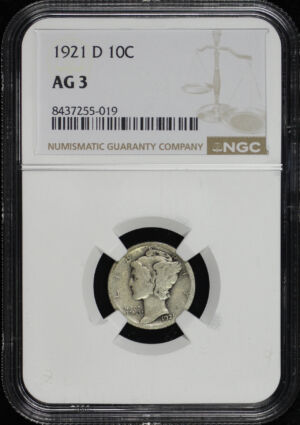 Obverse of this 1921-D Mercury Dime NGC AG-3