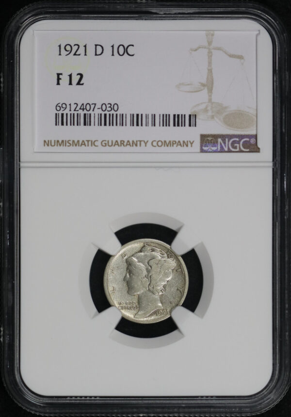 Obverse of this 1921-D Mercury Dime NGC F-12