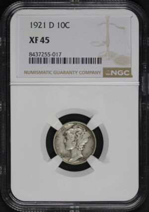 Obverse of this 1921-D Mercury Dime NGC XF-45