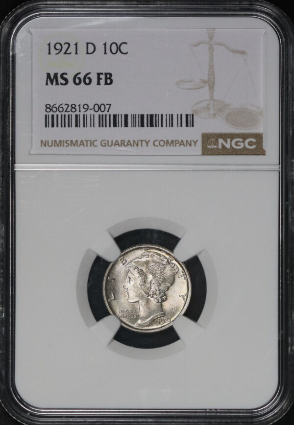 Obverse of this 1921-D Mercury Dime NGC MS-66 FB