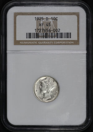 Obverse of this 1925-D Mercury Dime NGC XF-45