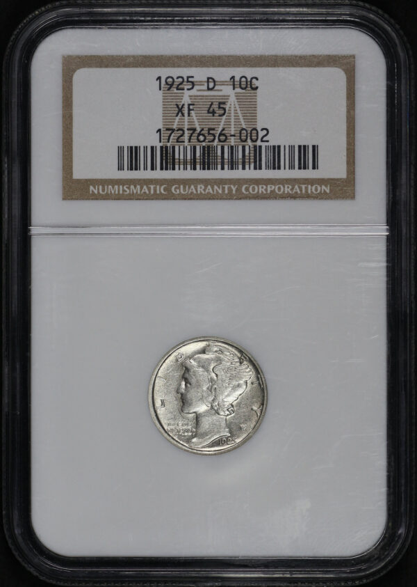 Obverse of this 1925-D Mercury Dime NGC XF-45