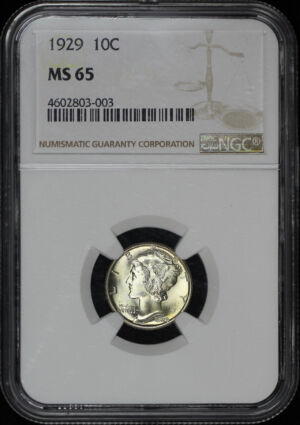 Obverse of this 1929 Mercury Dime NGC MS-65