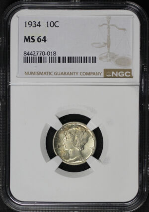Obverse of this 1934 Mercury Dime NGC MS-64