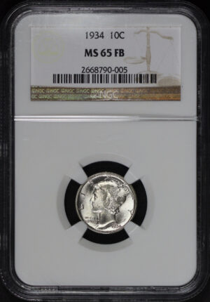 Obverse of this 1934 Mercury Dime NGC MS-65 FB