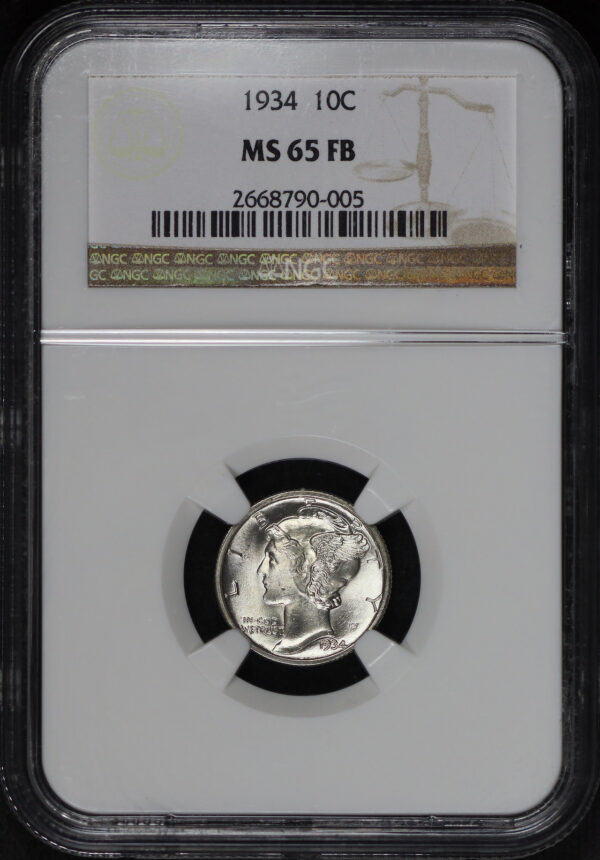 Obverse of this 1934 Mercury Dime NGC MS-65 FB