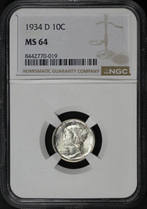 Obverse of this 1934-D Mercury Dime NGC MS-64
