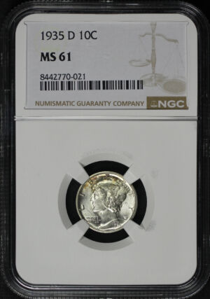 Obverse of this 1935-D Mercury Dime NGC MS-61