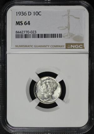 Obverse of this 1936-D Mercury Dime NGC MS-64