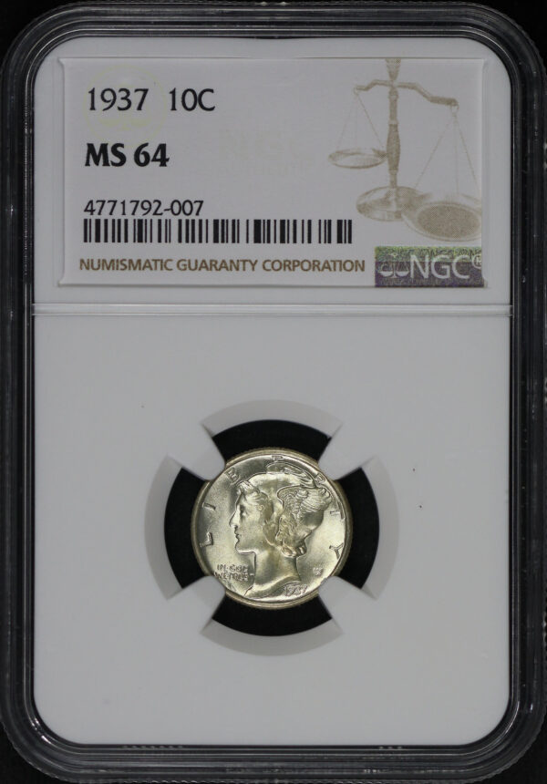 Obverse of this 1937 Mercury Dime NGC MS-64