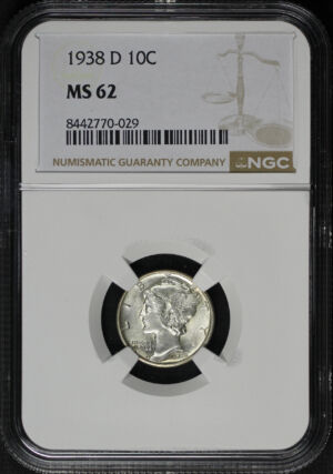 Obverse of this 1938-D Mercury Dime NGC MS-62