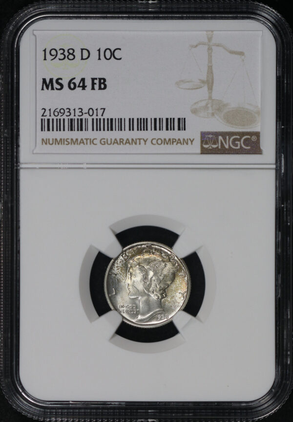Obverse of this 1938-D Mercury Dime NGC MS-64 FB