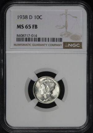 Obverse of this 1938-D Mercury Dime NGC MS-65 FB