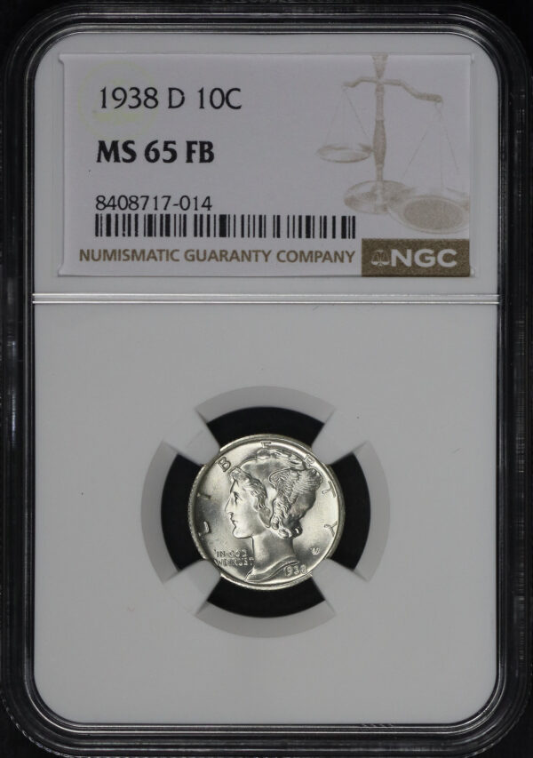 Obverse of this 1938-D Mercury Dime NGC MS-65 FB