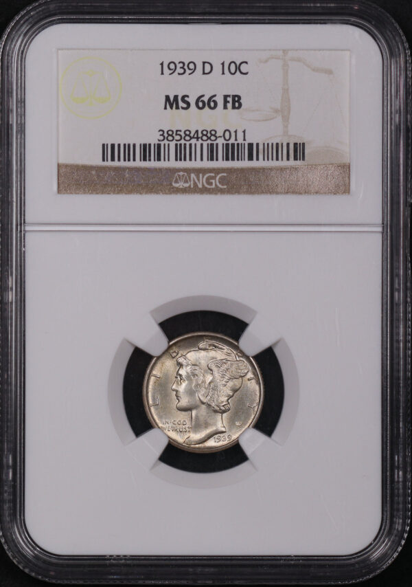 Obverse of this 1939-D Mercury Dime NGC MS-66 FB
