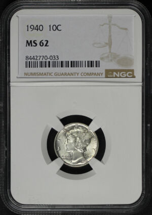 Obverse of this 1940 Mercury Dime NGC MS-62