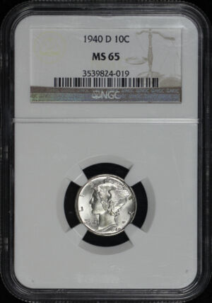 Obverse of this 1940-D Mercury Dime NGC MS-65