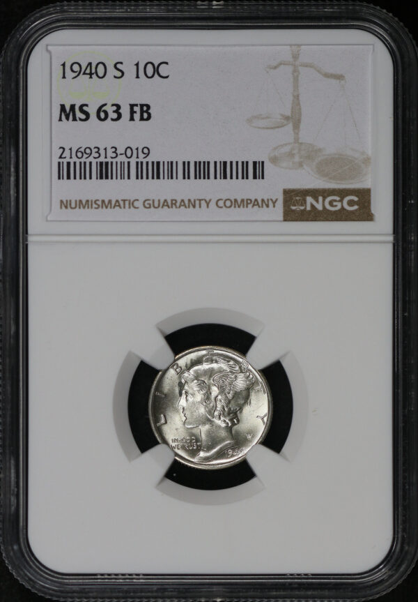 Obverse of this 1940-S Mercury Dime NGC MS-63 FB