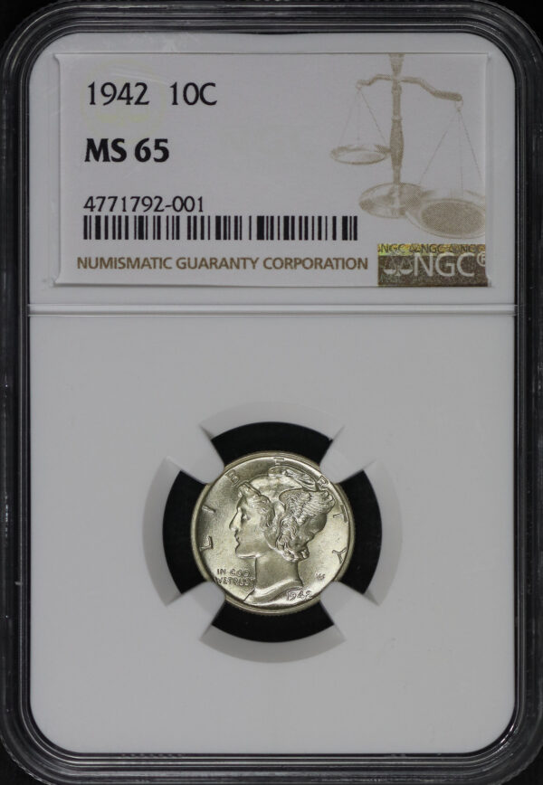 Obverse of this 1942 Mercury Dime NGC MS-65