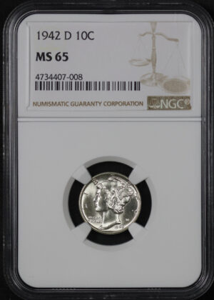 Obverse of this 1942-D Mercury Dime NGC MS-65