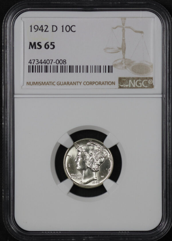 Obverse of this 1942-D Mercury Dime NGC MS-65