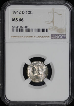 Obverse of this 1942-D Mercury Dime NGC MS-66