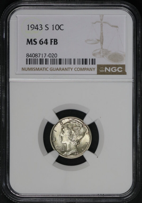 Obverse of this 1943-S Mercury Dime NGC MS-64 FB