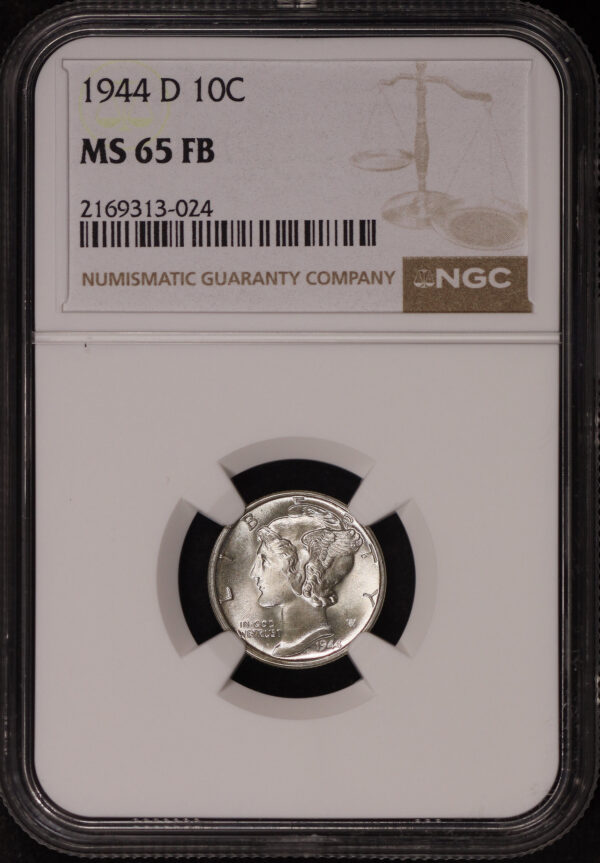 Obverse of this 1944-D Mercury Dime NGC MS-65 FB