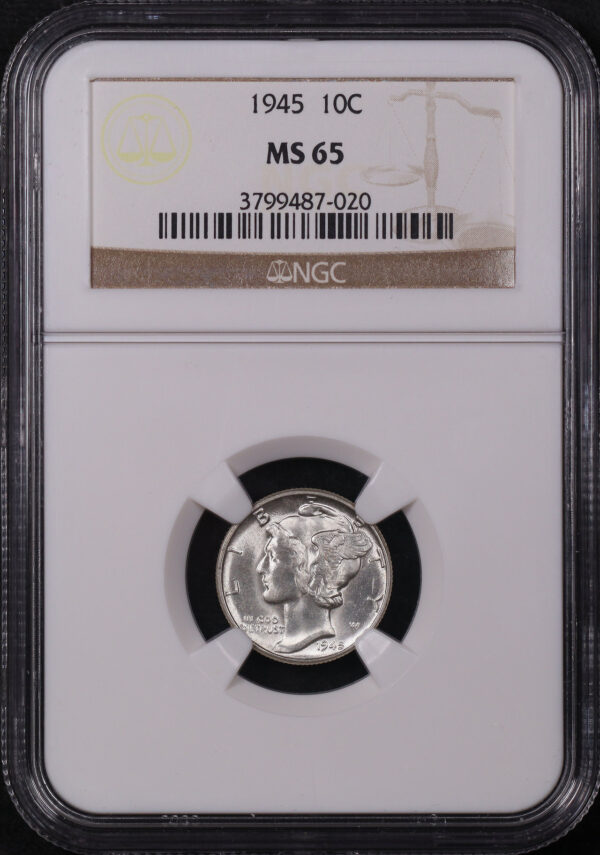 Obverse of this 1945 Mercury Dime NGC MS-65